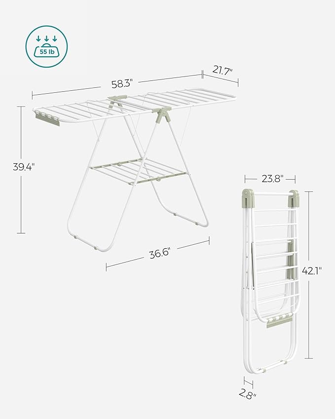 SONGMICS Clothes Drying Rack, with Sock Clips, Metal Laundry Rack, Foldable, Space-Saving, Free-Standing Airer, with 2 Height-Adjustable Gullwings, Indoor Outdoor Use, White and Green ULLR052C01