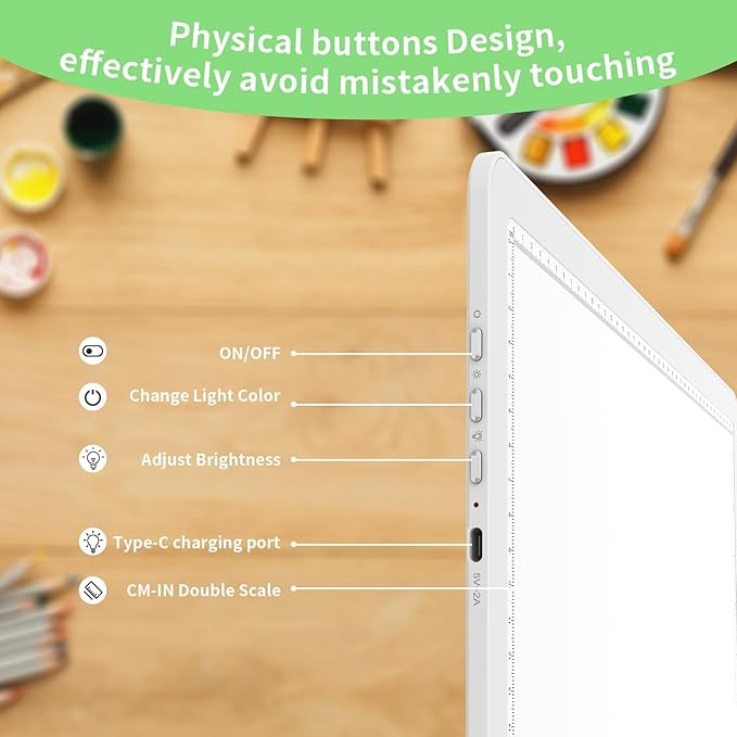 KOBAIBAN A3 Magnetic Light Box for Tracing, Rechargeable Diamond Art Light Board with Side Physical Buttons, 3 Color Light Modes Super Bright Light Pad for Diamond Painting, Weeding Vinyl (White)
