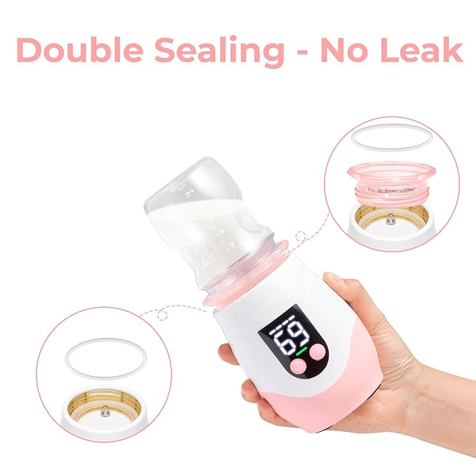 Portable Cordless Baby Bottle Warmer for Travel, Rechargeable with 8 Adapters & 1 Milk Powder Container, Safe Material, Fast Heating, Compatible with Major Brands,Pink