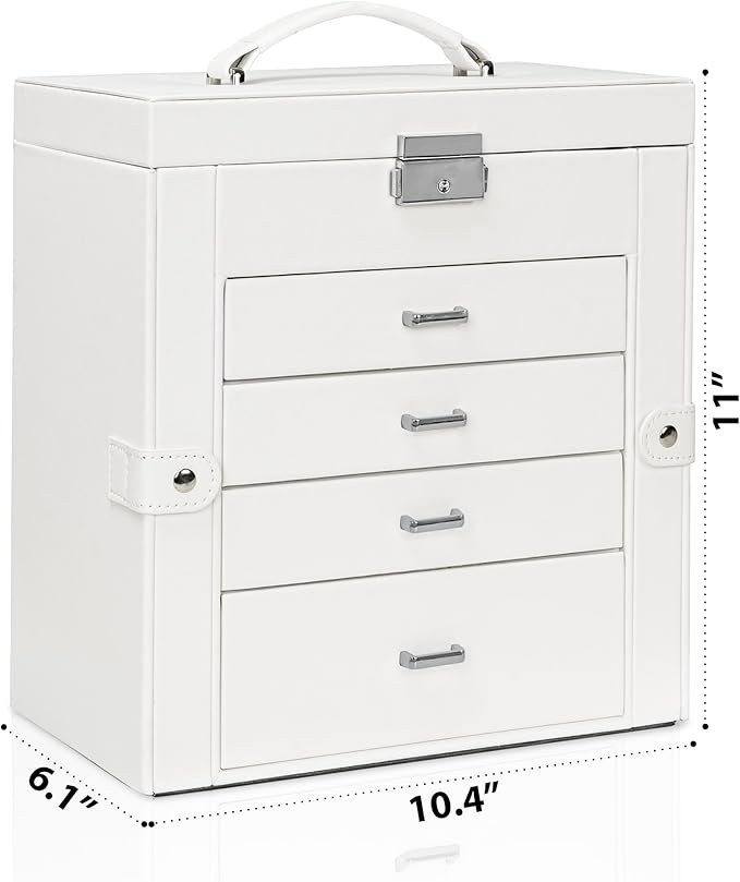 AKOZLIN 5-Tier Jewelry Box Lockable Leather Jewelry Storage Case with 4 Drawers for Women Girls Ring Necklace Earring Bracelet Watches Holder Organizer with Mirror