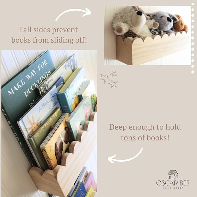 Set of 2 Scalloped Nursery Shelves – Preassembled Floating Cloud Wall Bookshelf for Kids, Baby & Toddler Room – Montessori Nursery Shelves – Kids Wall Book Shelf Display