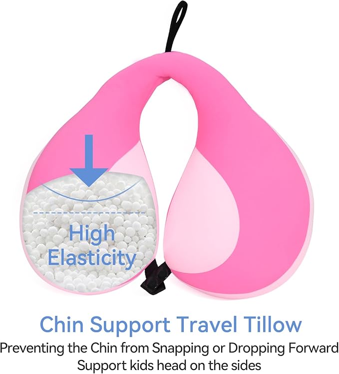 MOOB Kids Travel Pillow for Car Seat Kids Travel Neck Pillow U-Shape Car Seat Head Support Children Stroller Pillow Toddler Neck Pillow for Carseat Pink 3-12 Y/O
