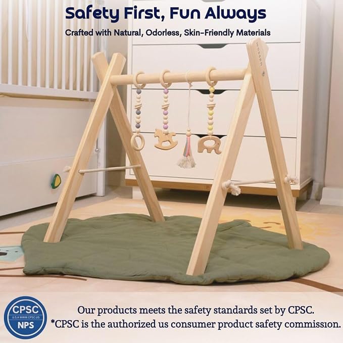 Wossen® Wooden Baby Play Gym Set and PlayTent Cover, Naturel Baby Gym, Reliable Toys, Ergonomic and Multipurpose Use, Mat and Play Tent Cover, Newborn Gift for Baby Girl and Boy