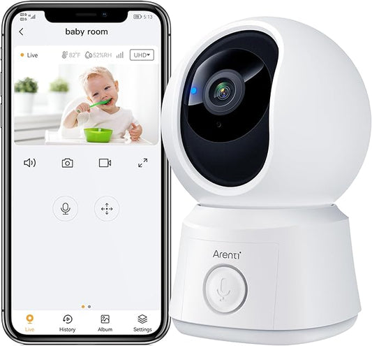 ARENTI B2, 360° View Baby Camera for Pet/Nanny, 2.4g WiFi Only, Temperature Sensor, Sound & Motion Detection, 2 Way Audio, Night Vision, Works Screen2-No Light