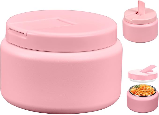 13.5oz Kids Thermos for Hot Food, Insulated Vacuum Food Jar with Buckle Lid, Stainless Steel Wide Mouth Leak Proof Insulated Lunch Container for School Picnic Travel,Pink