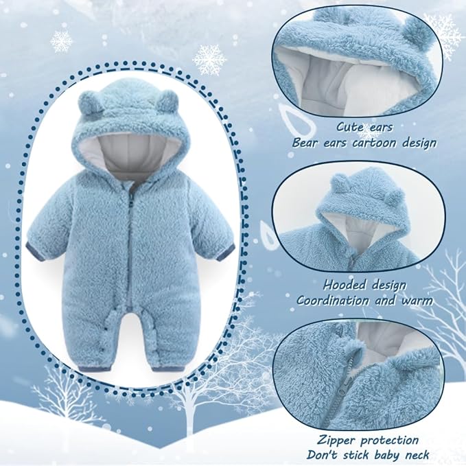Newborn Baby Bear Outfit Suit Girls Boys Fleece Jumpsuit Romper Hooded Winter Snowsuit Clothes