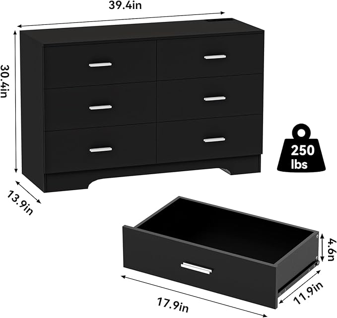 Dresser with Power Outlets Wooden 6 Drawer Dresser with USB and Type C Port Chest of Drawers for Bedroom Tall Black Organizer Storage for Living Room Hallway Closet