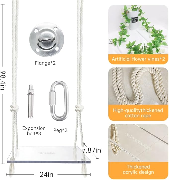 Transparent Acrylic Swing，Adjustable Rope Tree Swing Set for Kids & Adults 550 lbs Load Capacity Non-Slip Thickening Playground Swing Set Accessories Ideal for Indoor & Outdoor