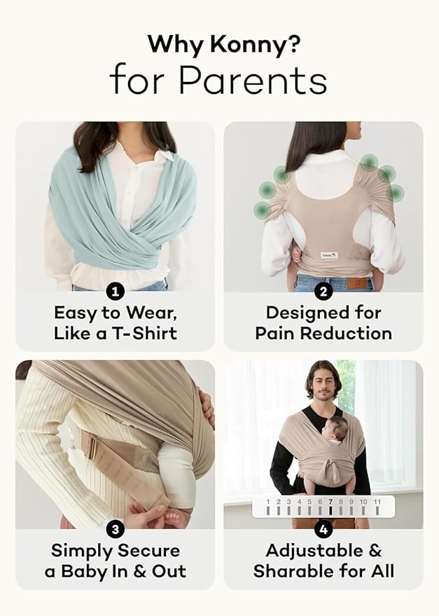 Konny Baby Carrier Flex SoftBreeze with Head Support - Adjustable, Easy to Wear Baby Wrap Sling, Perfect for Newborn Babies Essentials up to 44 lbs (XS-XL) - Khaki Grey