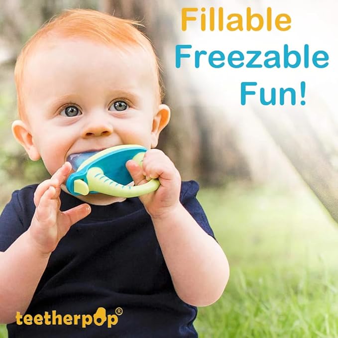Teetherpop Fillable Silicone Teether for Babies – Breastmilk Popsicle Molds for Teething with Spill-Proof Sippy Slits – Freezable Baby Teethers for Liquids & Purées - Cool Relief (BlueLime & LimonTeal