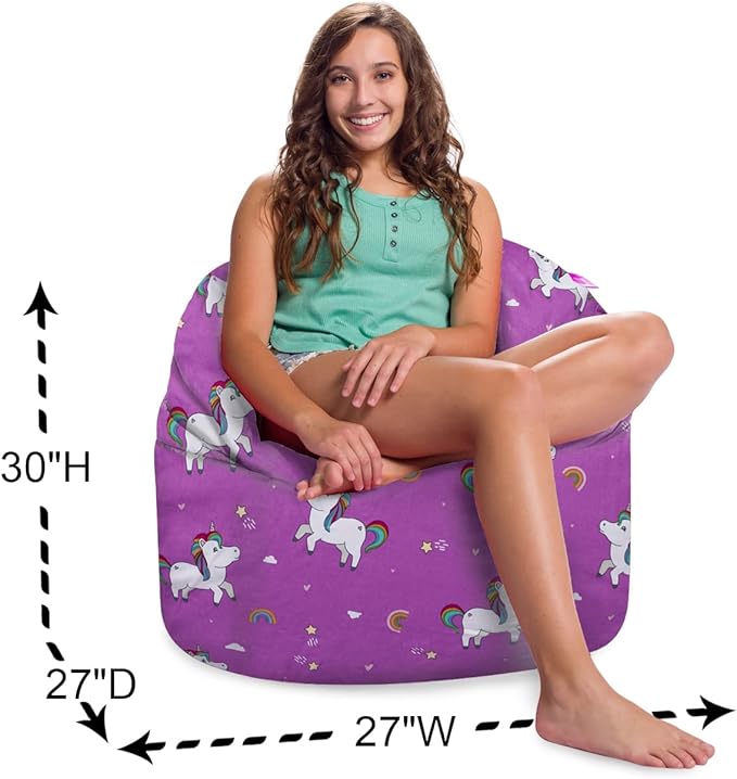 Posh Creations Structured Comfy Bean Bag Chair for Gaming, Reading, and Watching TV, Sonoma Lounge, Canvas - Unicorn and Rainbows on Purple