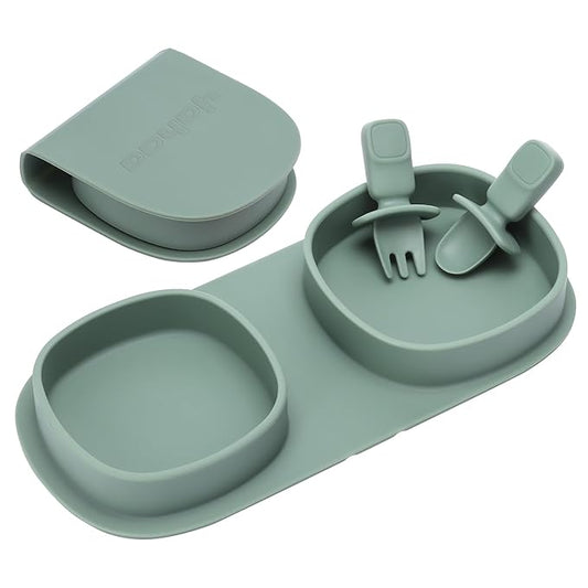 Silicone Foldable Novelty Dinner Plates,Baby Plates Travel Essential with Forks and Spoons,Microwave & Dishwasher Safe,Sage