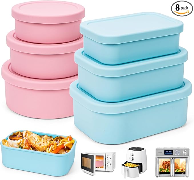 Nesting 100% Silicone Food Storage Containers with Lid & Measuring Line, 6 Pack, Leakproof Stackable Silicone Containers for Food Lunch Snack, Microwave Freezer Dishwasher Safe, Light Blue/Pink