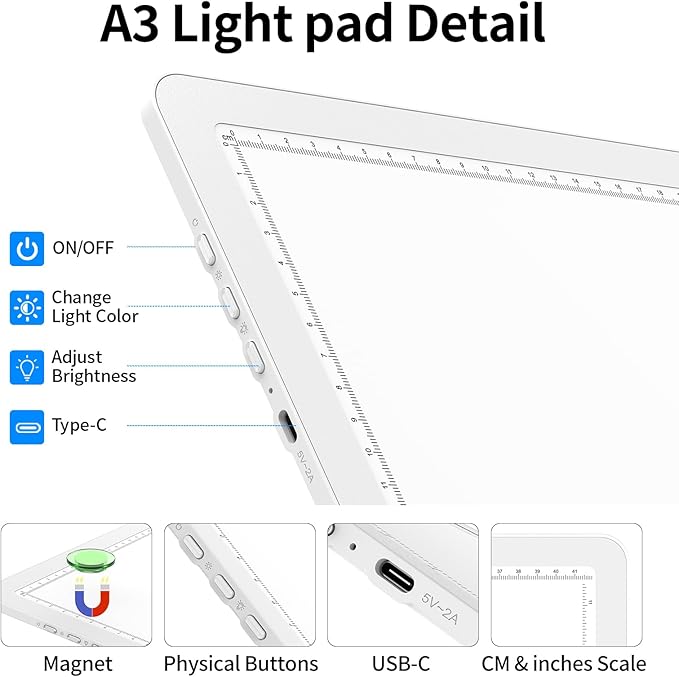 TOHETO A3 Light Board for Diamond Painting, Super Bright Magnetic Light Pad with Side Buttons, Lightbox for Tracing and Drawing, Corded Light Table for Sketching, Animation, Weeding Vinyl (White)