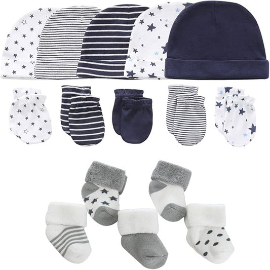 Newborn Baby Boy Girl Caps Mittens Socks Set Cotton Baby Essentials Accessories (Hats+Gloves+Socks)