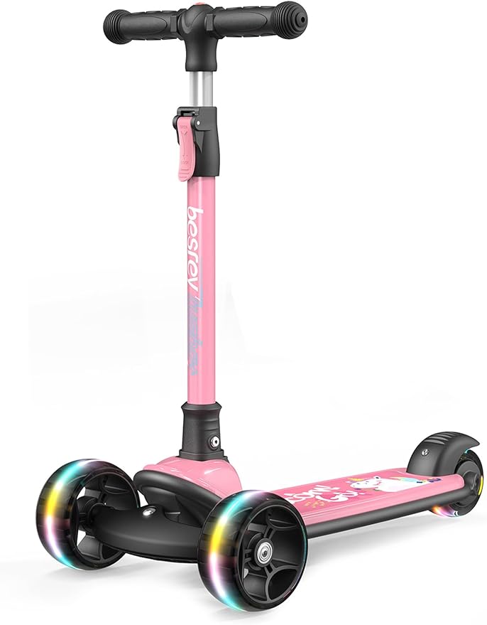 Besrey Kick Scooter for Kids Ages 3-10, 3-Wheel Folding Scooter with Adjustable Height, LED Light Wheels, Extra Wide Deck for Outdoor Activities