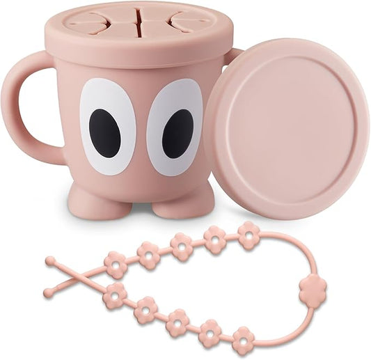 Silicone Snack Cups Food Container for Toddlers and Babies, Spill Proof Training Cup with Snack Cup Lid & Dust Proof Lid, Comes with a toy strap, Without BPA, Lead, or Phthalates (Pink)
