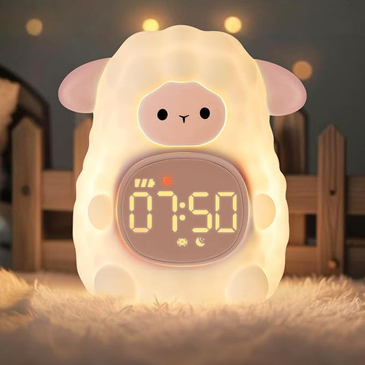 Sheep Alarm Clock with Night Light for Kids with Sleep Training and Sound Machine, Rechargeable Silicone Lamp OK to Wake Clock，Cute Animal Tabletop Lamp, Perfect Sleep Companion for Boys Girls, Pink