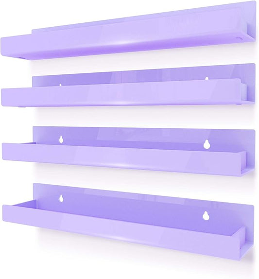 4 Pack 15 Inch Purple Acrylic Shelves, Kids Floating Bookshelf for Kids Room, Modern Nail Polish Rack Sunglasses Essential Oil Picture Ledge Display Toy Storage Wall Shelf