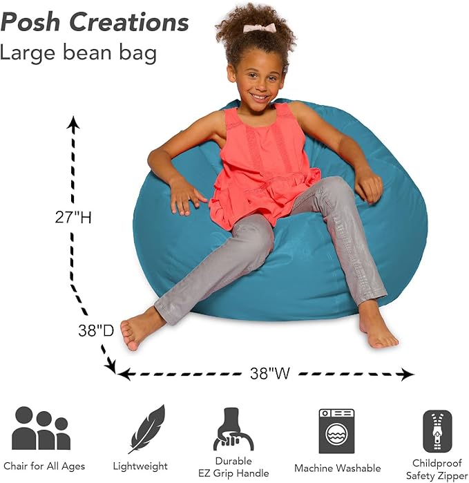 Posh Creations Bean Bag Chair for Kids, Teens, and Adults Includes Removable and Machine Washable Cover, Heather Teal, 38in - Large