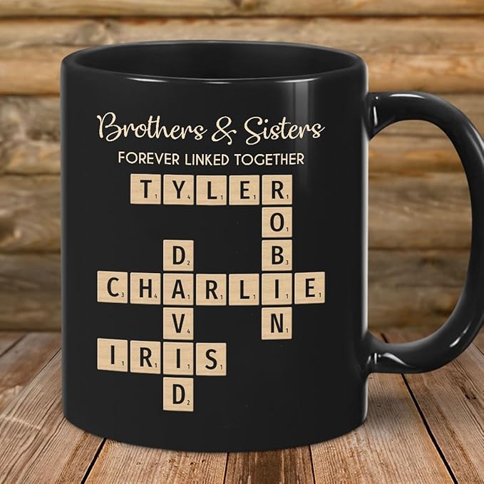 Trending Custom Brothers & Sisters Forever Linked Together Personalized Mug Brothers Sisters Crossword Puzzle Art Mug, Gift For Brothers, Sisters, Siblings, Family Member on Birthday Christmas