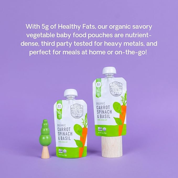 Serenity Kids 6+ Months USDA Organic Veggie Puree Baby Food Pouches | No Sugary Fruits or Added Sugar | Allergen Free | 3.5 Ounce BPA-Free Pouch | Carrot Spinach & Basil | 1 Count
