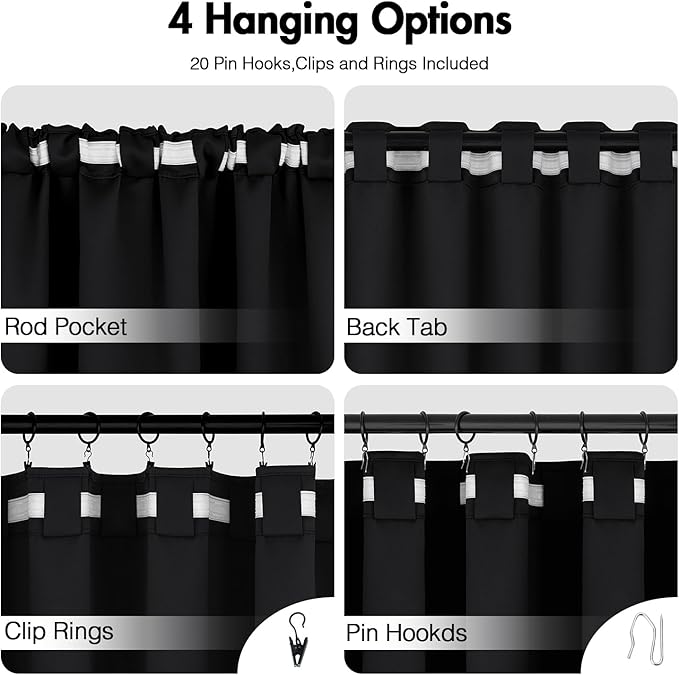 ANRODUO Back Tab Blackout Curtains for Bedroom Living Room, Rod Pocket Pinch Pleated Thermal Insulated Room Darkening Curtains 94 Inches Long 2 Panels, Black, 42 x 94 Inch