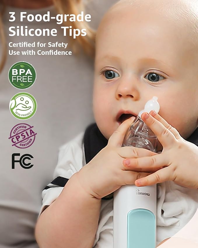 GROWNSY Nasal Aspirator for Baby with Protection Mode, Electric Nose Suction for Baby, Automatic Baby Nose Sucker with 3 Silicone Tips, Adjustable Suction Level, Music and Light Soothing Function