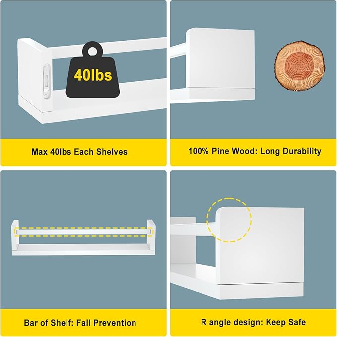 Nursery Floating Shelves for Kids Room, Wall Book Shelves for Kitchen Living Room, Book Shelf Wall Mounted for Baby Kids Bedoom Bathroom (White, 24inch Set 3)