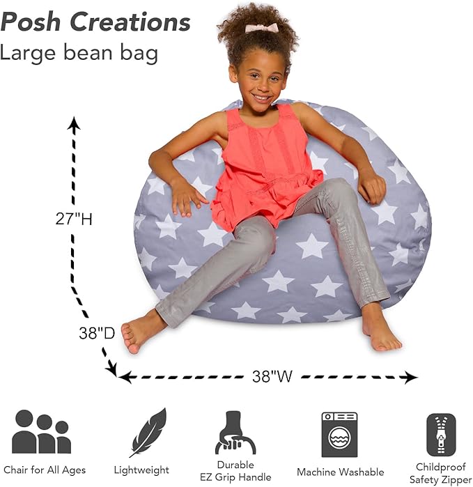 Posh Creations Bean Bag Chair for Kids, Teens, and Adults Includes Removable and Machine Washable Cover, Canvas White Stars on Gray, 38in - Large