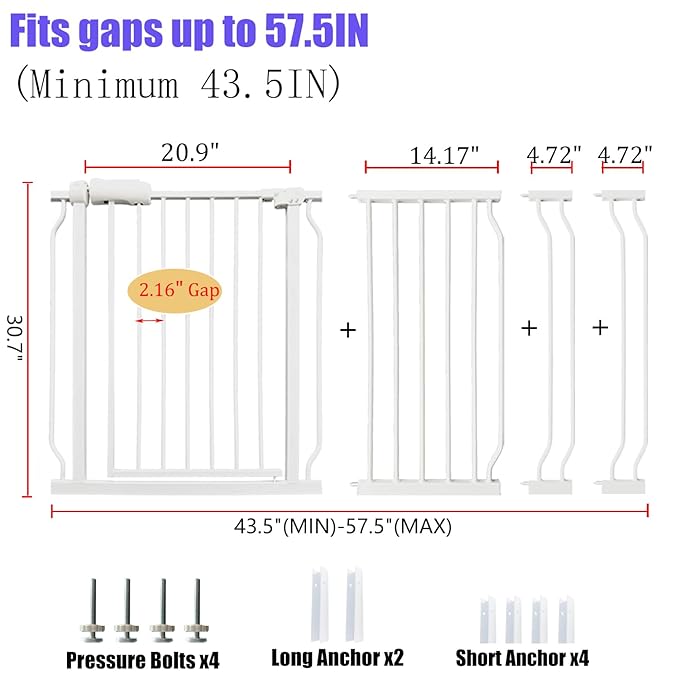 Extra Wide Baby Gate 53-57.5 Inch, Tension Mounted No Drilling, Auto Close Indoor Safety Gate for Stairs & Doorways - Metal Design for Kids and Pets, White