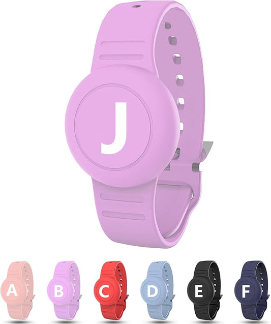 Waterproof Bracelet for AirTag Kids, Personalized Initial Letter Hidden Holder Compatible with Air Tag, Silicone Case for Airtag Adjustable Anti-Lost GPS Tracker for Toddler Child Elder, J
