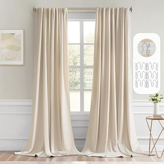 MIULEE Back Tab Cream Beige Curtains 102 Inch Long 2 Panels Set for Living Room Bedroom, Ivory Rod Pocket/Pinch Pleated Light Blocking Thermal Insulated Room Darkening Floor to Ceiling Blackout Drapes