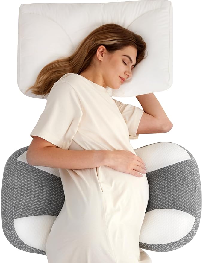 Momcozy Plus W Shaped Pregnancy Pillow for Sleeping, Adjustable Maternity Pillow for Side Sleepers, Portable Wedge Belly Support, Compact Design for Back Belly and HIPS, Grey and White