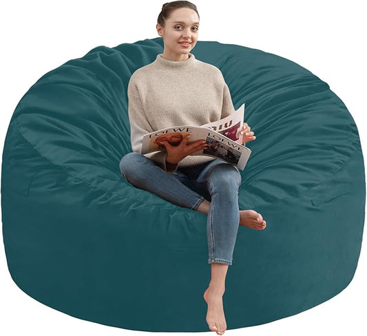 5FT Bean Bag Chair, Large Bean Bag Chairs with Memory Foam Filled, Fluffy Beanbag Sofa with Dutch Velvet Cover, Round BeanBag Chairs for Living Room, Playroom- Sea Blue