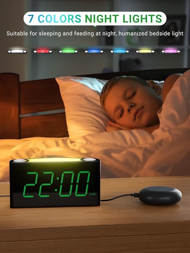Extra Loud Vibrating Alarm Clock with Bed Shaker for Heavy Sleeper Deaf Hard of Hearing, Large LED Display Digital Clock for Bedroom,Dimmer,Night Light,USB Phone Charger,Battery Backup,Senior Teen Kid