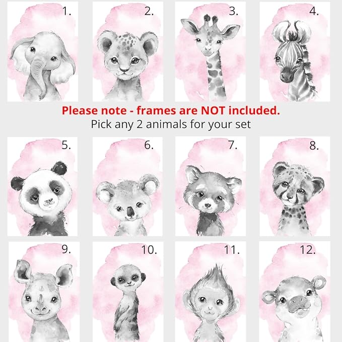 Safari Animals Set of 6 Unframed Poster Prints for Baby Girls Nursery Bedroom Playroom, Personalized Name, Choice of 12 Animals, Pink Purple (11x14)