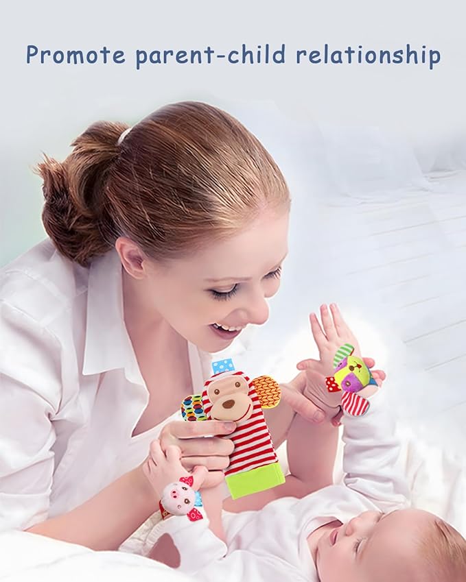 Soft Baby Rattle Toys Foot Finder Socks Wrists Rattles, Ankle Leg Hand Arm Bracelet Activity Rattle, Present Gift for Newborn Infant Babies Boy Girl Bebe 4pcs