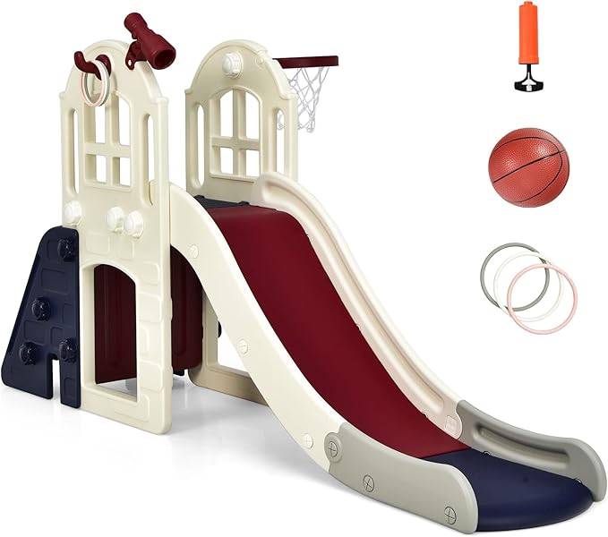 BABY JOY Toddler Large Slide, 6 in 1 Slide for Kids with Basketball Hoop, Ring Toss, 2 in 1 Convertible Climbing Way, Freestanding Kids Slide Climber Set for Indoors Outdoor Boys Girls Gifts Present