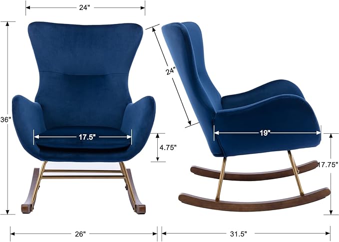 Velvet Rocking Accent Chair Upholstered Nursery Glider Rocker for Baby/Kids Comfy Nursing Lounge Side Chair for Living Room Bedroom, Blue