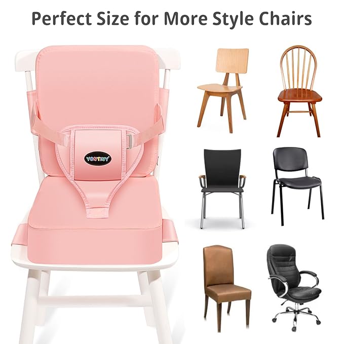 Toddler Booster Seat for Kitchen Chair, 2-in-1 Dining Table Booster Seat with Backrest & Adjustable Straps – Easy-Clean, PU Portable Toddler Eating Travel Increasing Cushion - Pink
