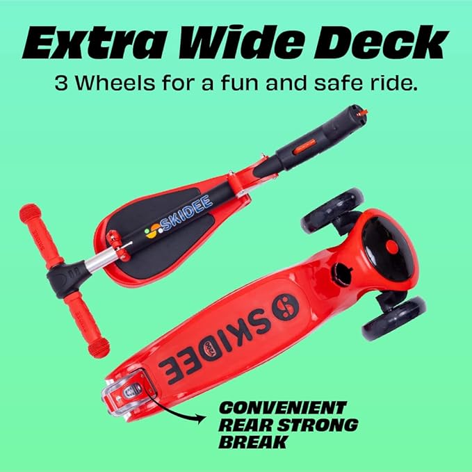 SKIDEE Kick Scooters for Kids Ages 3-5, Adjustable Height Foldable Scooter with Removable Seat, 3 LED Light Wheels, Rear Brake, Wide Standing Board, Suitable Up to 12 Year Old Boys/Girls