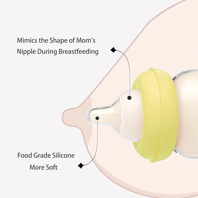 YOHKOH Natural Glass Baby Bottle with Natural Response Nipple, Newborn Anti-Colic Baby Bottles, Wide Neck Mushroom Cap Baby Bottle, Clear (Yellow-A, 3.4oz (Pack of 4))