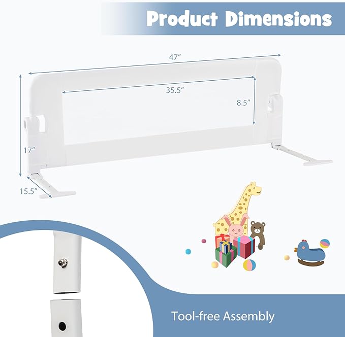 BABY JOY Bed Rails for Toddlers, Swing Down Safety Bed Guard for Convertible Crib, Folding Baby Bedrail for Kids Twin, Double, Full Size Queen & King Mattress (48-Inch, White)