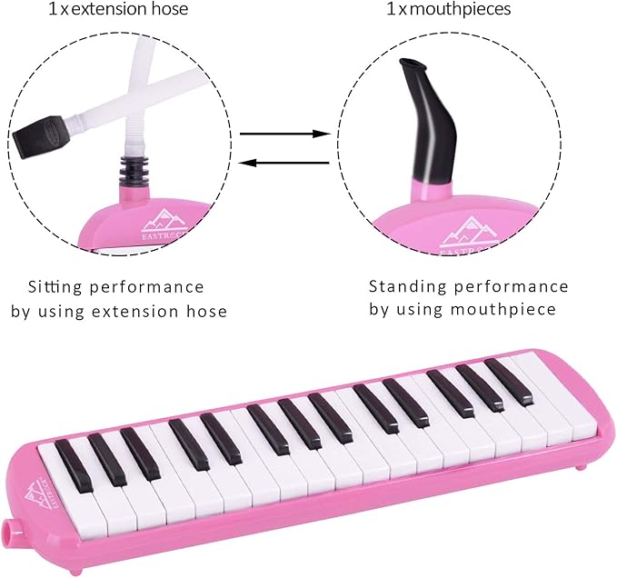 EastRock 32 Key Melodica Instrument Keyboard Soprano Piano Style with Mouthpiece Tube Sets and Carrying Bag for Kids Beginners Adults Gift Pink