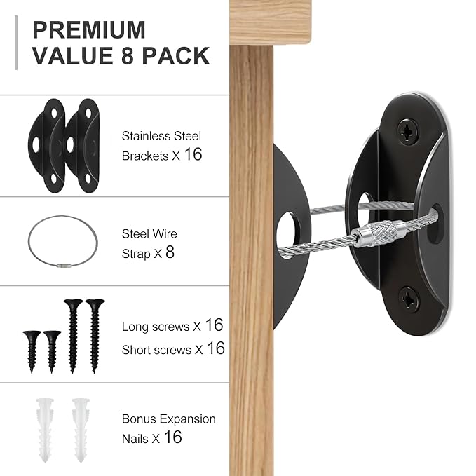 Furniture Anchors for Baby Proofing, Anti Tip Furniture Anchor Securing 420lbs Tension Earthquake Resistant Metal Furniture Wall Anchor Prevent Baby Pet from Falling Furniture（8 Pack，Black）