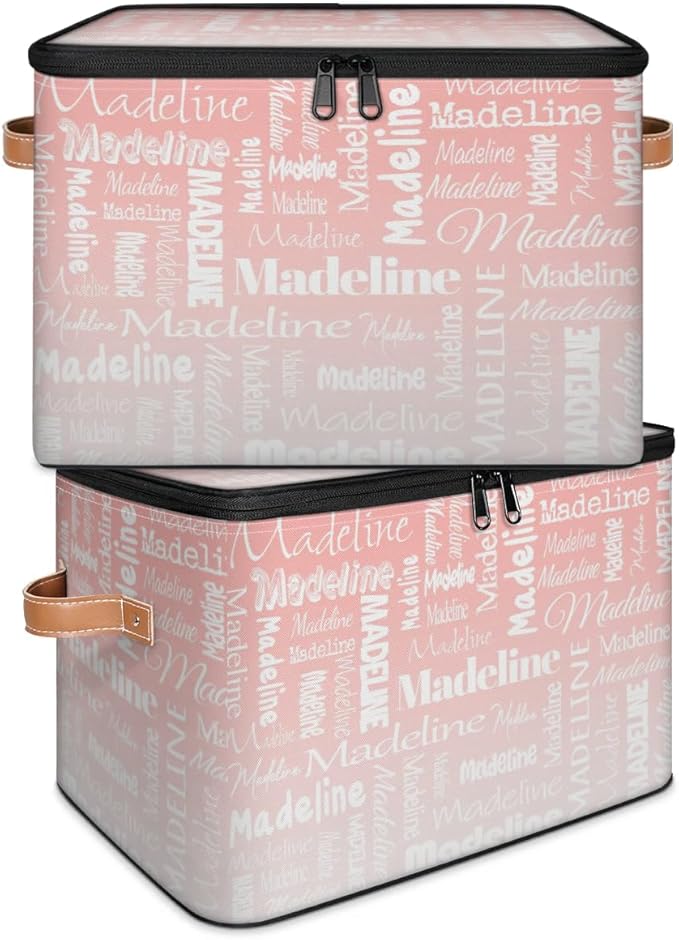 Custom Storage Basket with Name, Personalized Storage Bins with Zipper Lid, Foldable Fabric Storage Box Large capacity with Handle Pink White