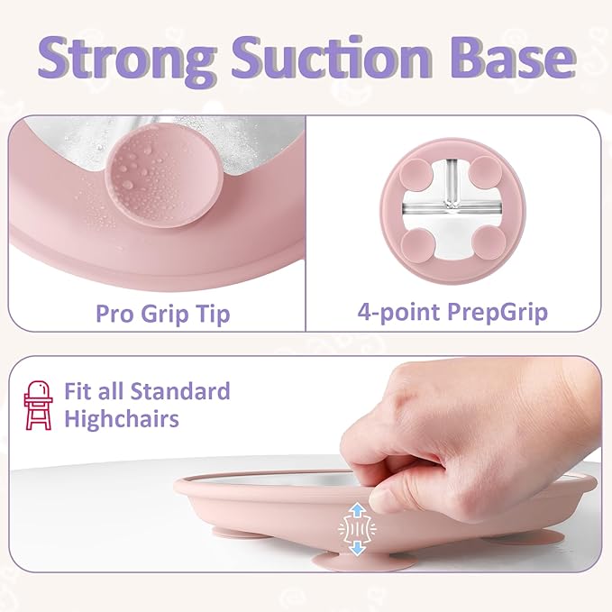 Stainless Steel Suction Plates for Toddlers, 9" Divided Kids Baby Plates with Removable Silicone Suction, Non Toxic Non Slip Portion Control Snack Dishes 3 Packs, Pink Beige Lilac