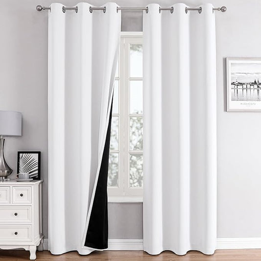 ChrisDowa 100% Blackout Curtains 84 inch Long for Bedroom with Black Liner, 2 Thick Layers Total Blackout Thermal Insulated Grommet Window Curtains 2 Panels Set (Pure White, 38 x 84 Inch)