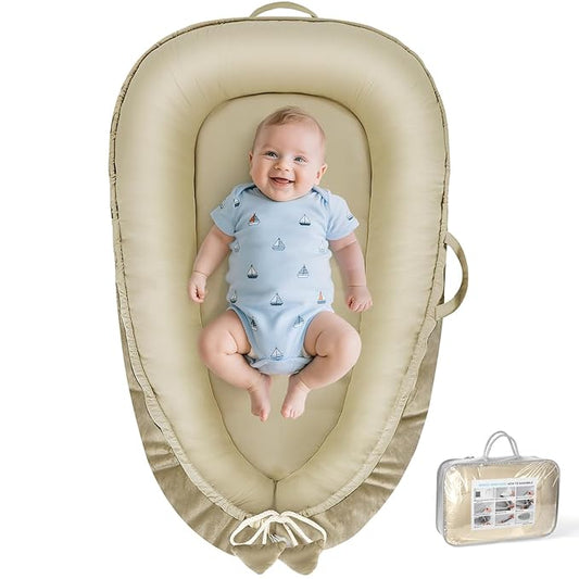 Baby Lounger - Baby Lounger for Newborn 0-24 Months, Breathable & Soft Cotton and Velvet Cover Baby Nest, Portable Tummy Time Lounger for Home and Travel, Ideal Baby Essentials & Shower Gifts